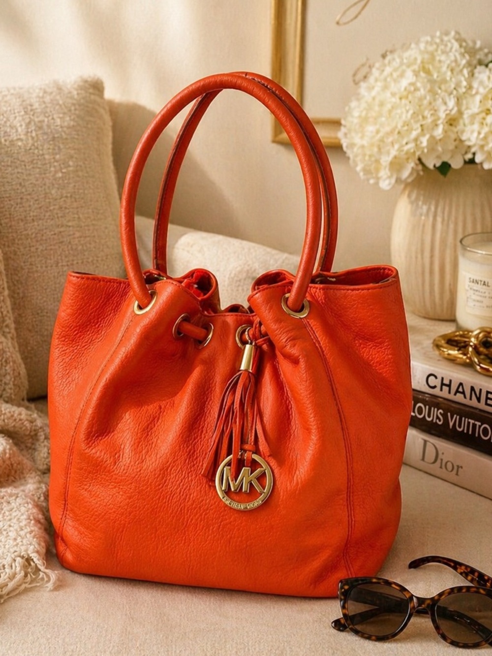 Michael Kors Orange Pebbled Leather Drawstring Tote Bag Shoulder Bag - Picture 1 of 11